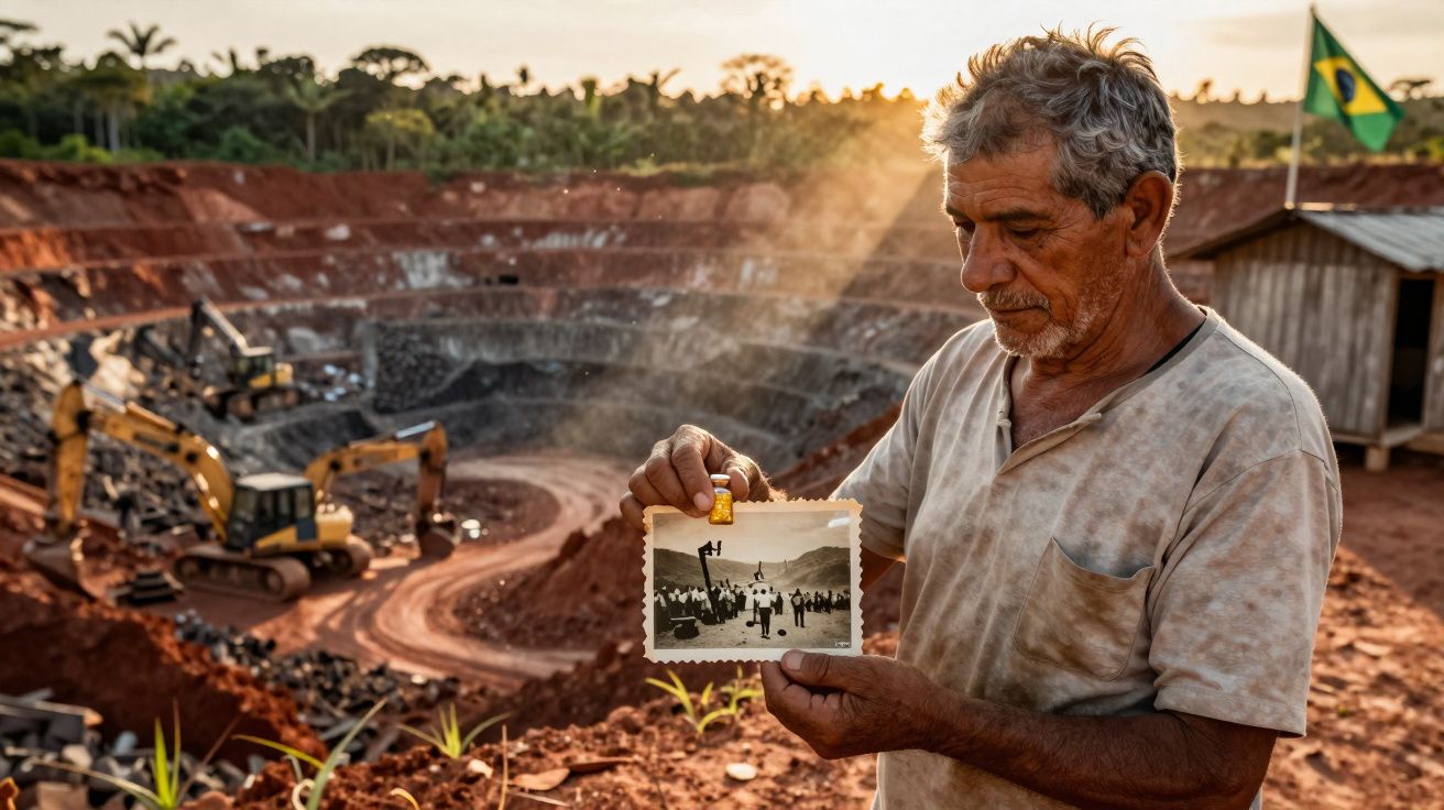 Homem com pele suja segura foto antiga numa mina a céu aberto com escavadoras em fundo.