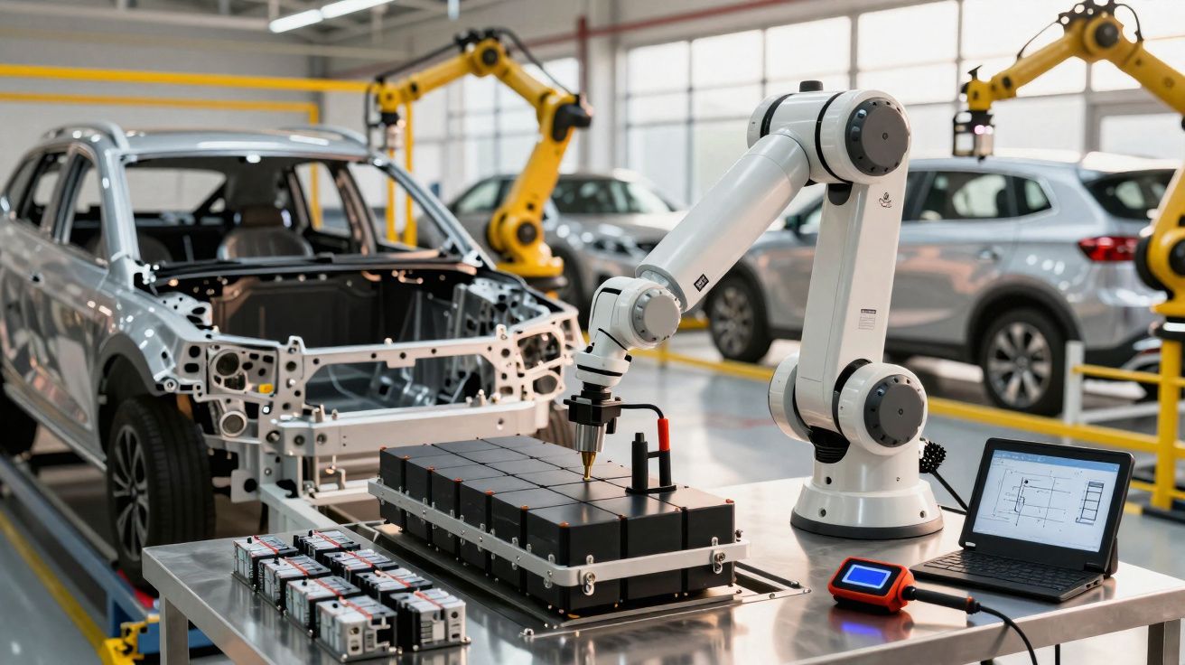 Braço robótico a operar numa linha de montagem automóvel com chassis de carro e computadores num ambiente industrial.