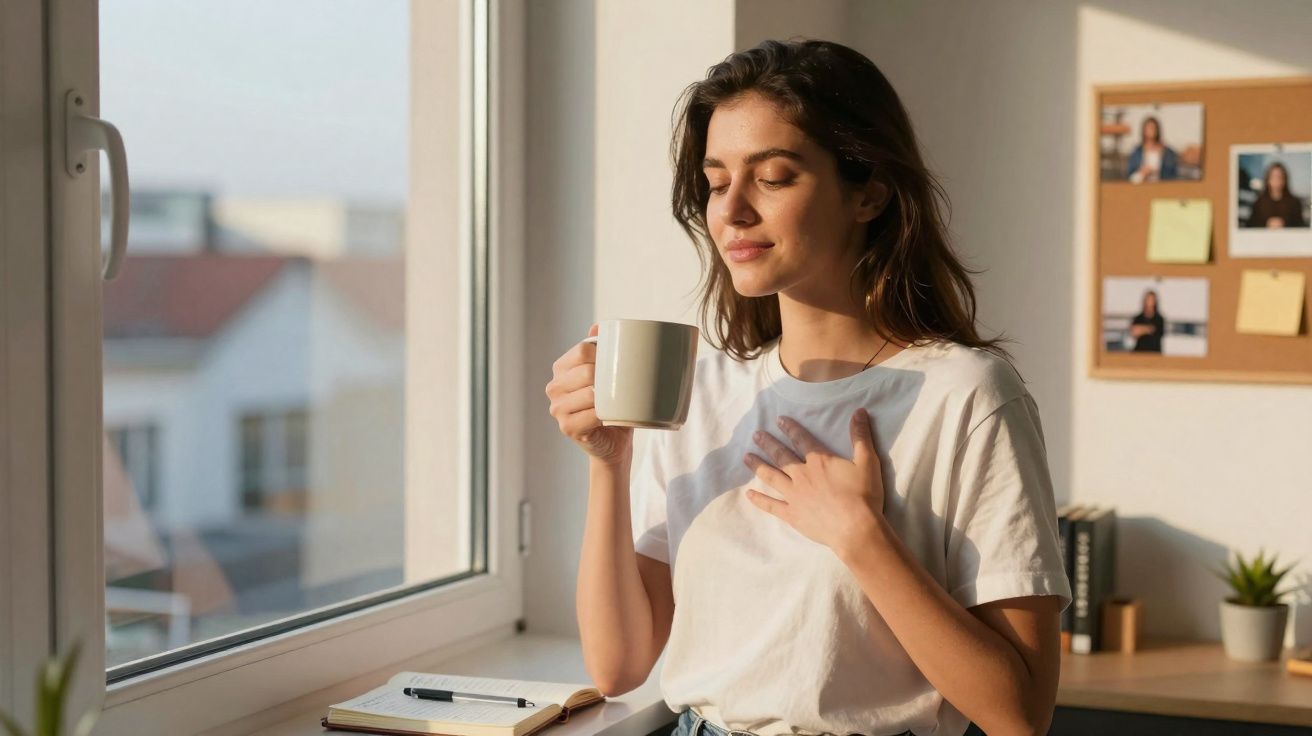 Mulher com olhos fechados a segurar uma chávena junto à janela numa manhã ensolarada.