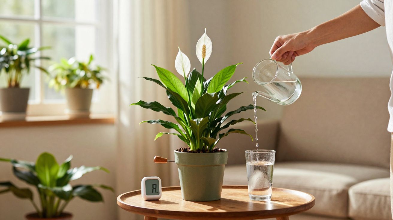 Pessoa a verter água num copo junto a planta com flores brancas numa sala iluminada por janela.