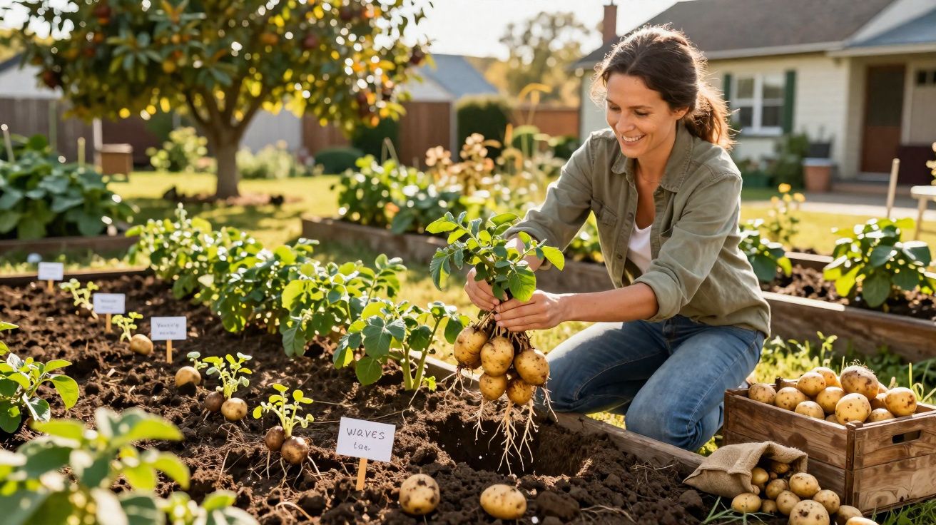 Mulher sorridente colhe batatas num jardim, com caixas de batatas à sua volta, num dia ensolarado.