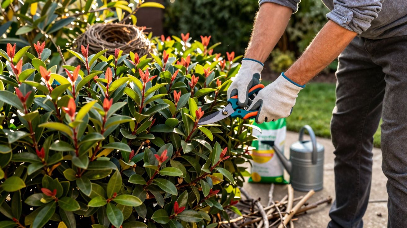 Pessoa a podar arbusto com flores vermelhas num jardim, usando luvas e tesoura de poda.