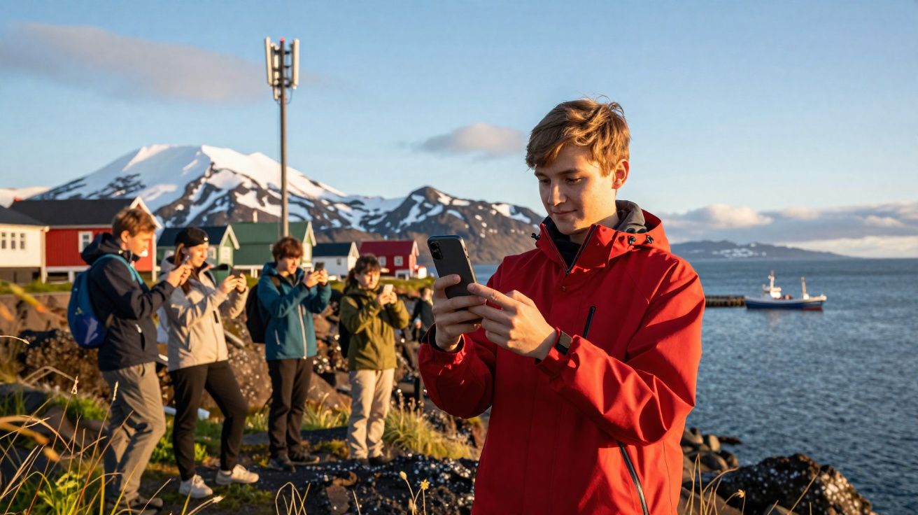 Jovem com casaco vermelho utiliza telemóvel junto a grupo de pessoas a fotografar paisagem de montanha com neve e mar.