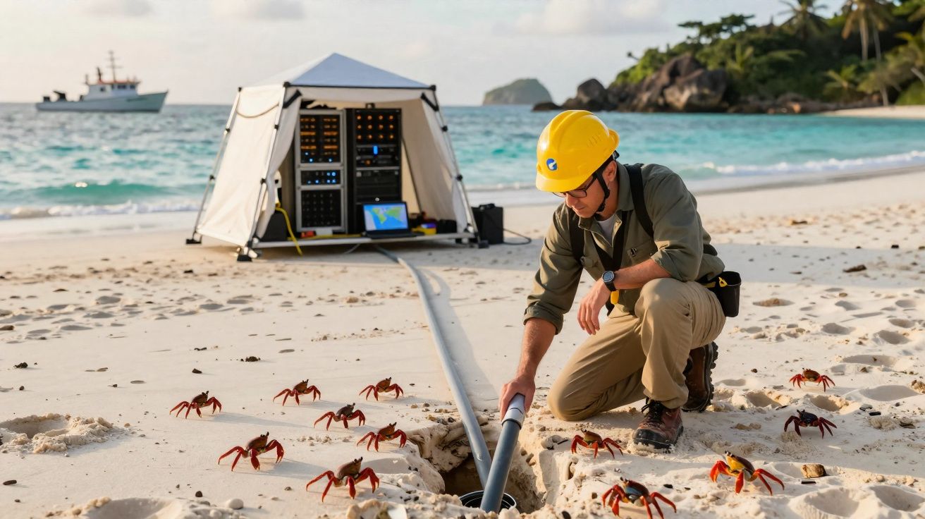 Homem com capacete amarelo instala equipamento numa praia rodeado por numerosos caranguejos vermelhos.
