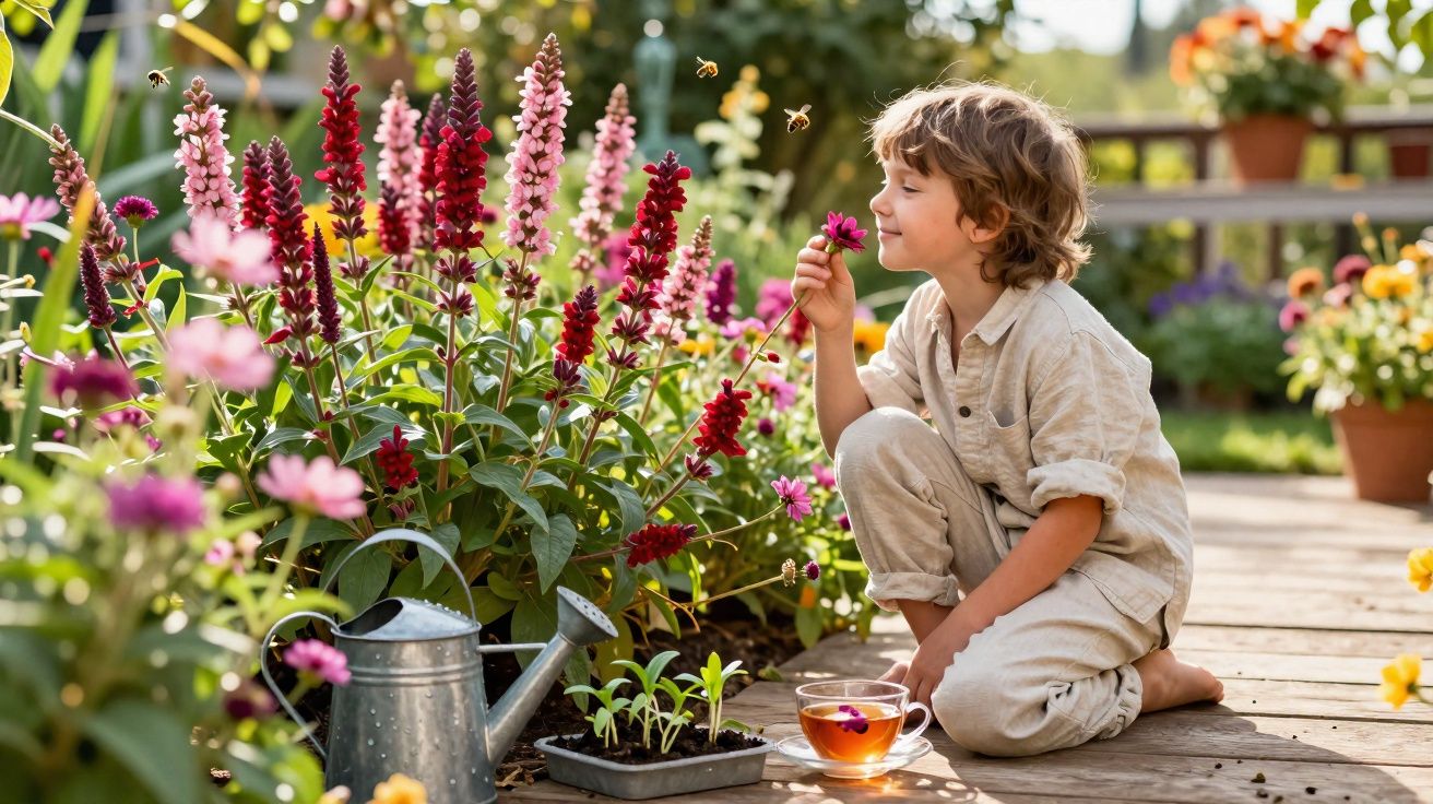 Menino a cheirar flor num jardim com várias flores coloridas, regador e chá numa chávena de vidro.