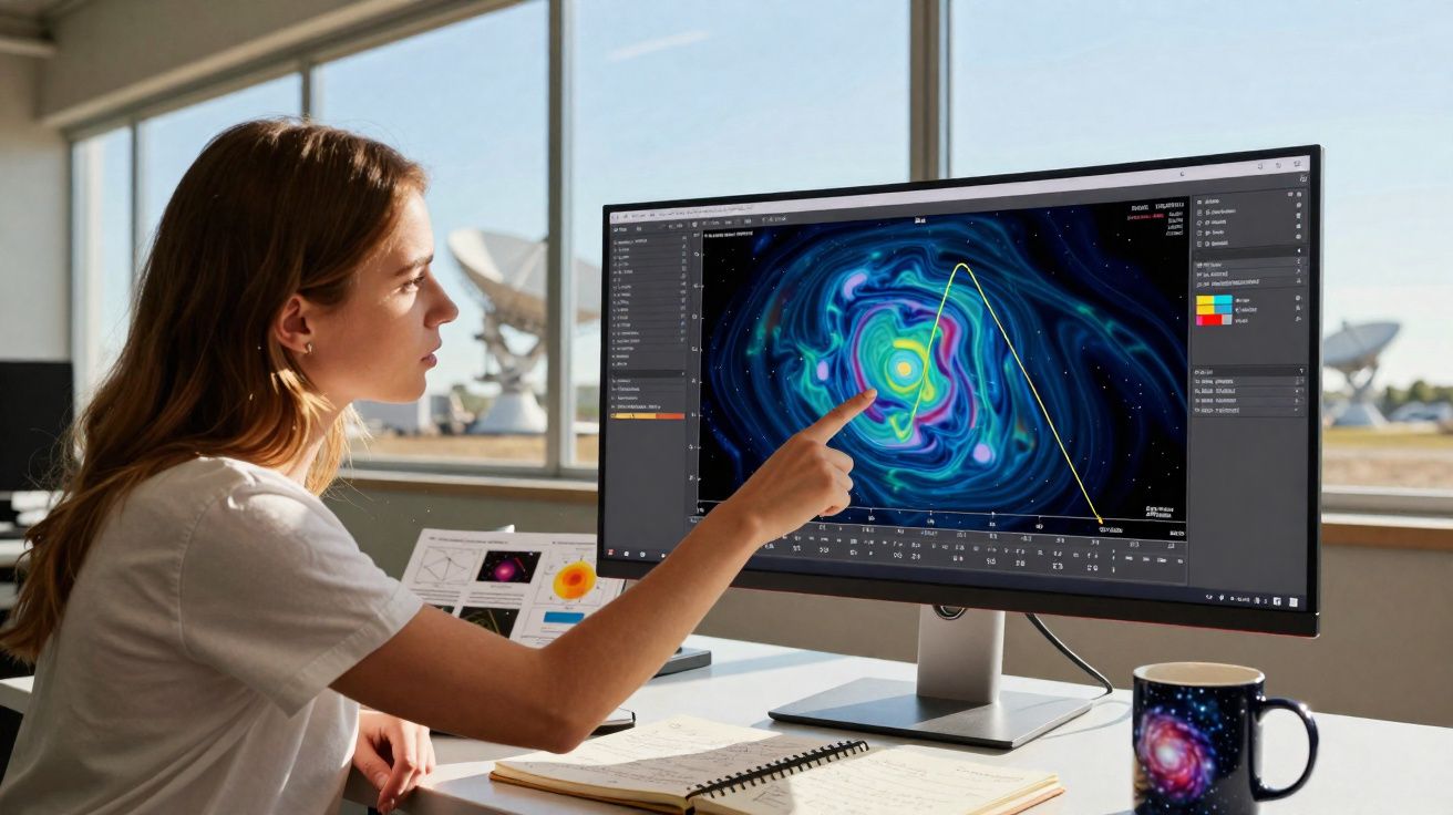 Mulher a apontar para imagem digital colorida de galáxia num ecrã de computador num escritório moderno.