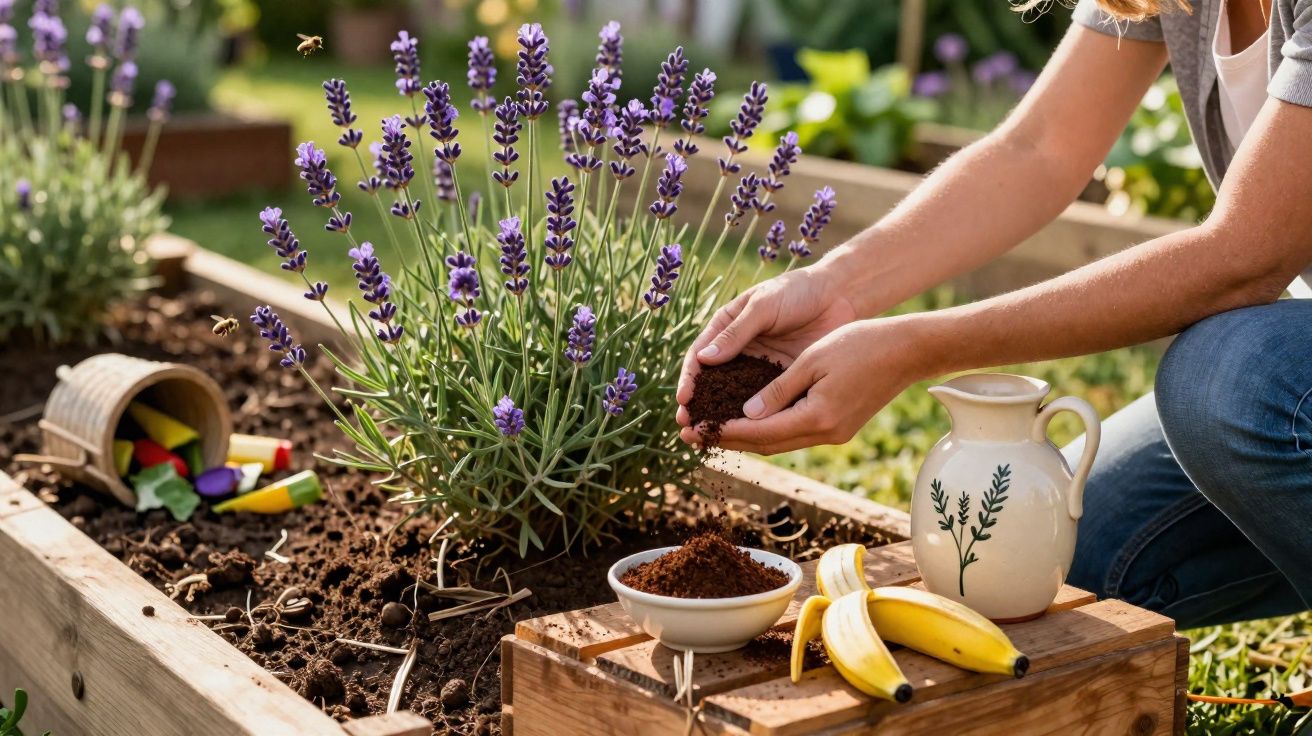 Pessoa a preparar fertilizante caseiro para plantar lavanda num canteiro de madeira ao ar livre.