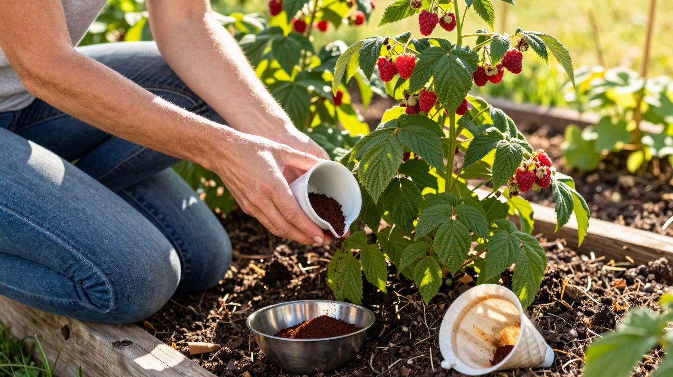 Pessoa a deitar borra de café num arbusto de framboesas num jardim ao ar livre.