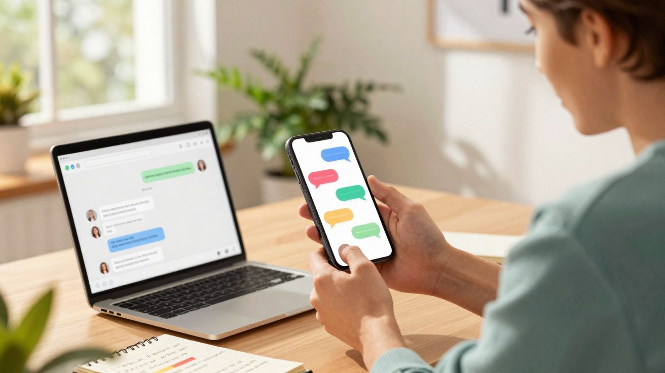 Pessoa a usar smartphone e computador portátil com mensagens de chat abertas num ambiente de trabalho iluminado.