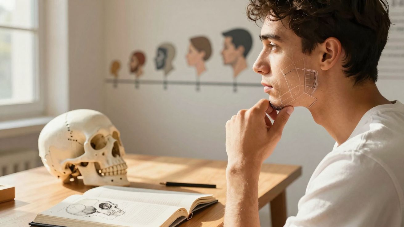 Jovem a estudar anatomia facial com crânio e desenho aberto numa mesa iluminada pela luz natural.