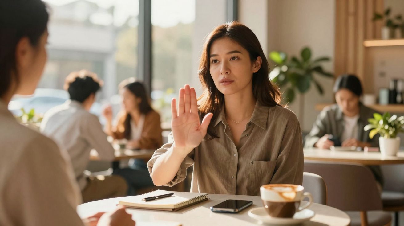 Mulher sentada num café a fazer gesto de parar com a mão estendida, expressando recusa ou limite.