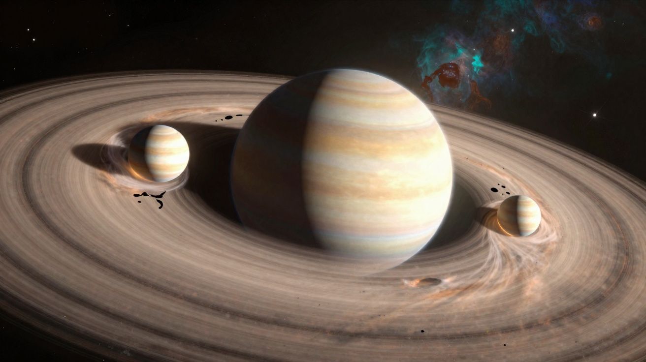Planeta gigante com anéis e duas pequenas luas em fundo cósmico estrelado.