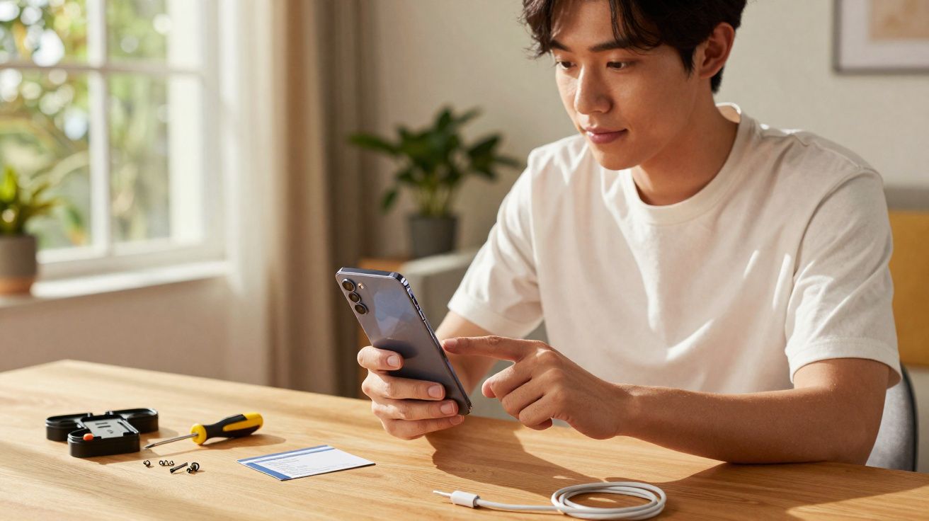 Homem jovem sentado à mesa a usar smartphone, com ferramentas e cabo ao seu lado num ambiente luminoso.