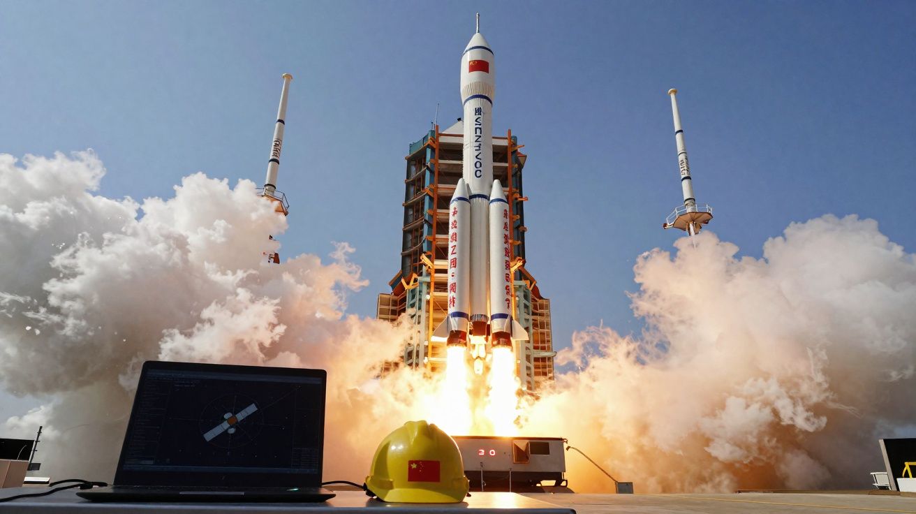 Foguete chinês a descolar com nuvens de fumo, capacete amarelo e portátil no primeiro plano.