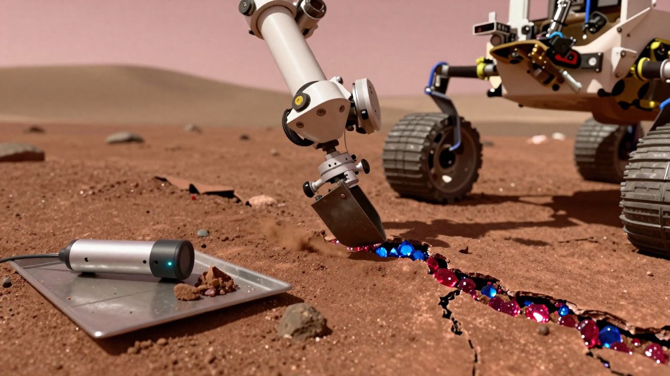 Braço robótico de rover a colher amostras do solo vermelho marciano com cristais coloridos visíveis na fenda.