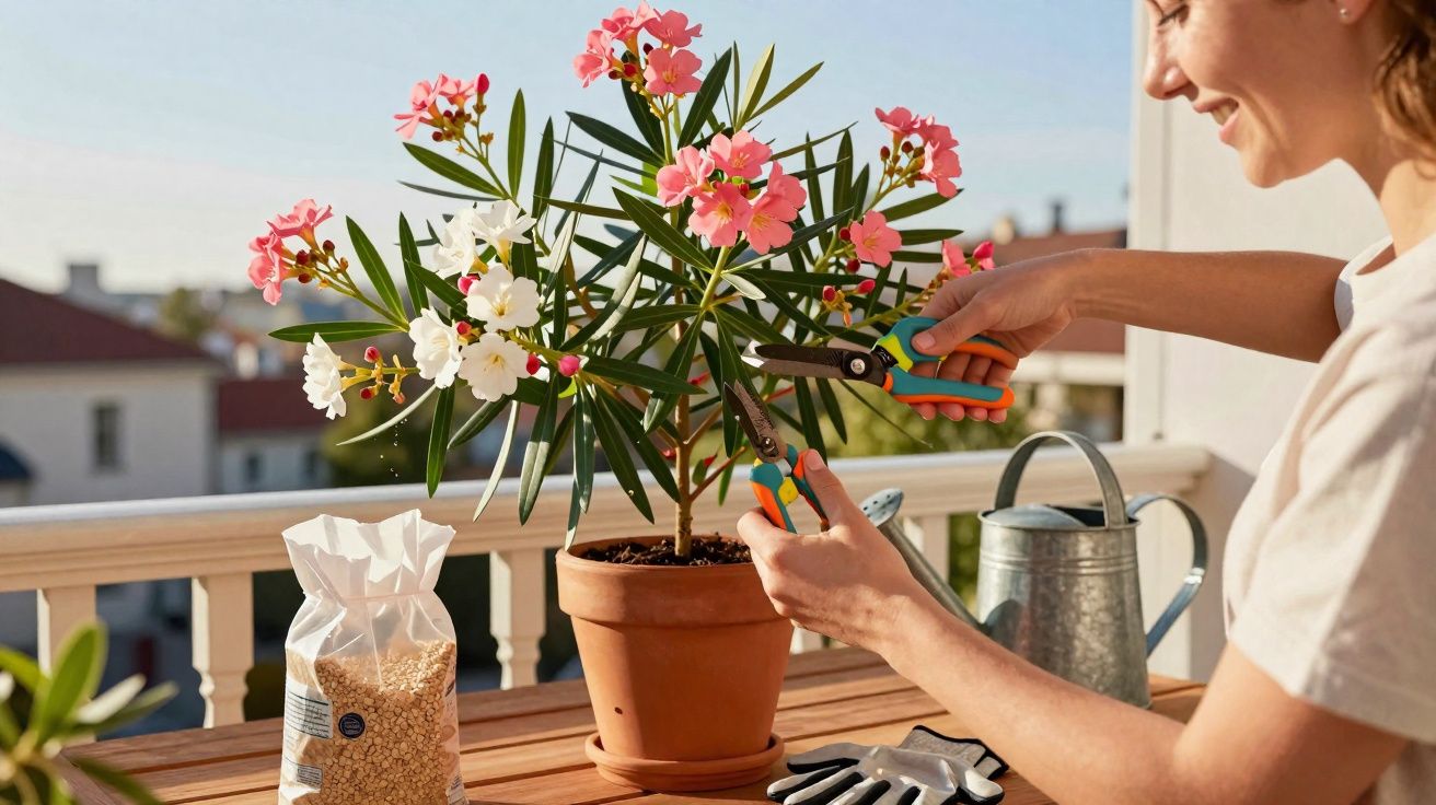 Pessoa a podar planta florida num vaso, numa varanda ensolarada, com luvas e regador perto.