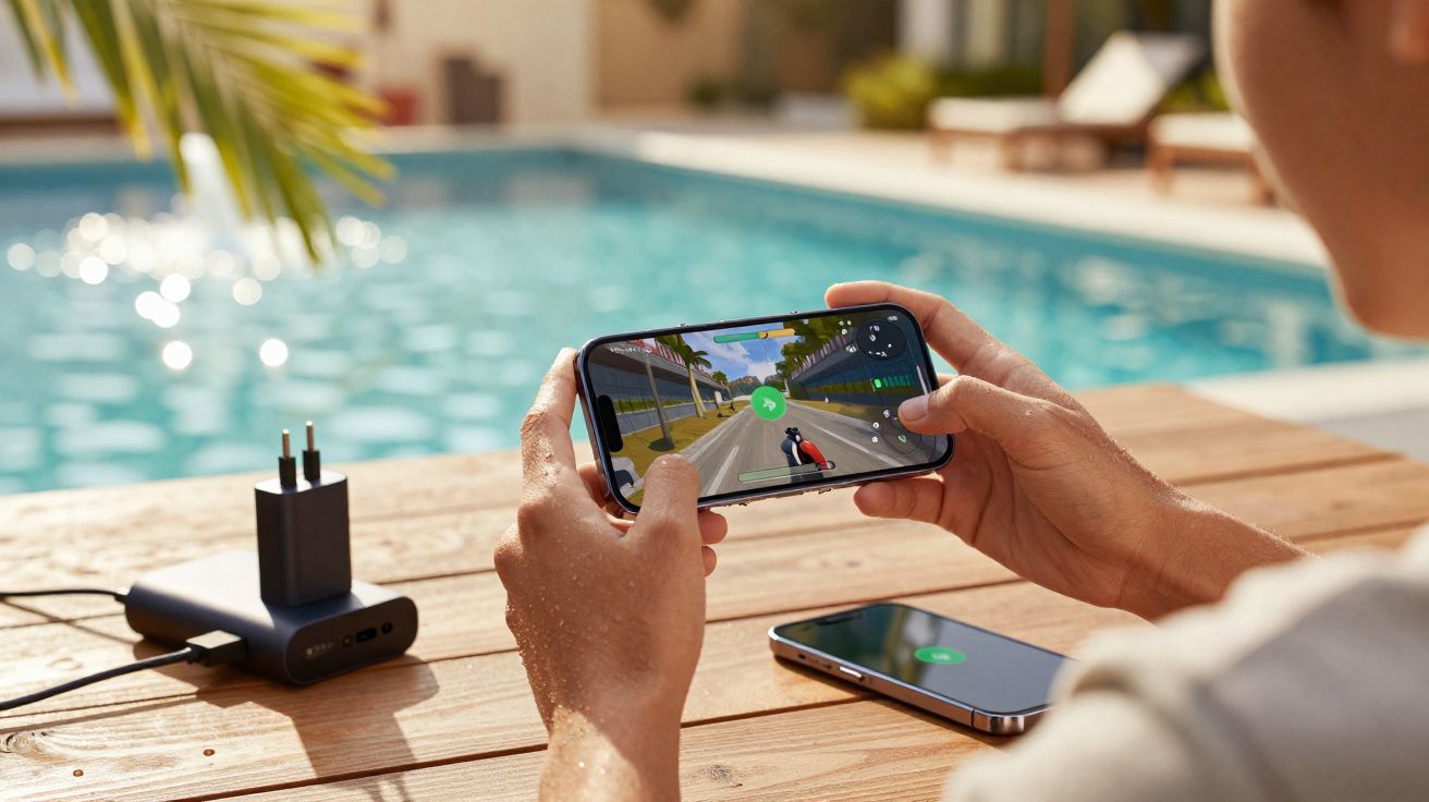 Pessoa a jogar videojogo de corridas numa smartphone junto a uma piscina, com carregadores na mesa de madeira.