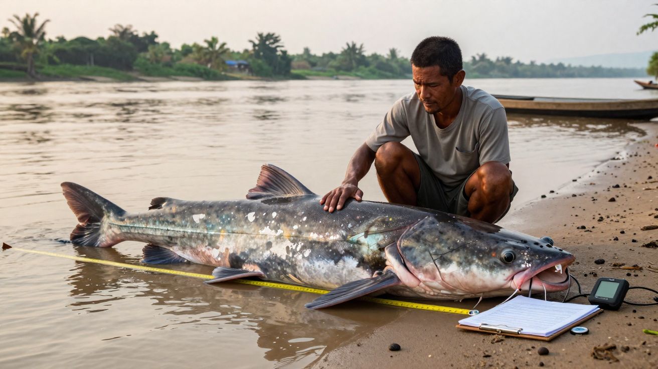 Homem mede peixe gigante à beira de rio, com equipamento e prancheta na areia ao lado.