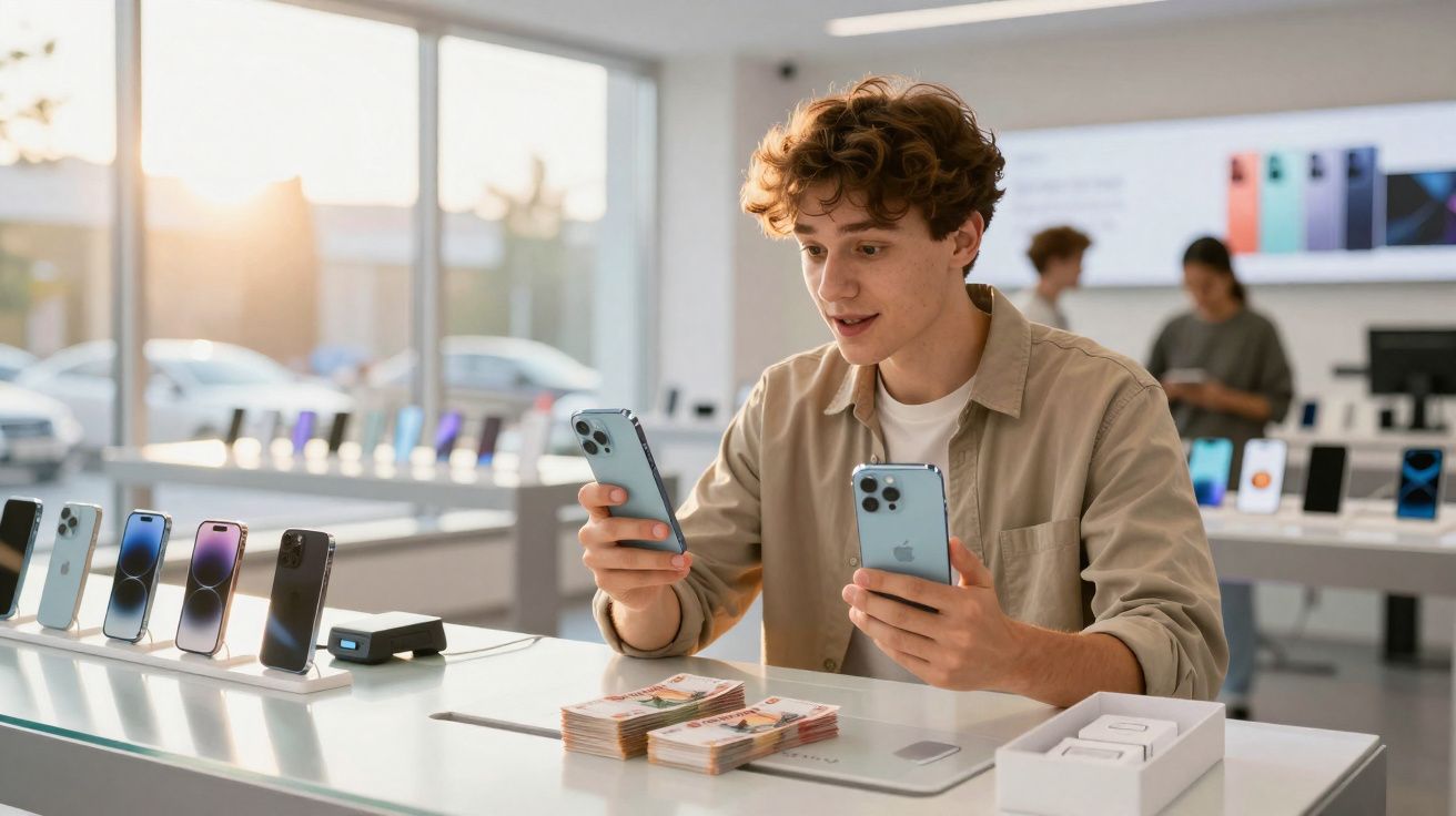 Jovem em loja de tecnologia comparando dois telemóveis com várias pilhas de dinheiro sobre a mesa.