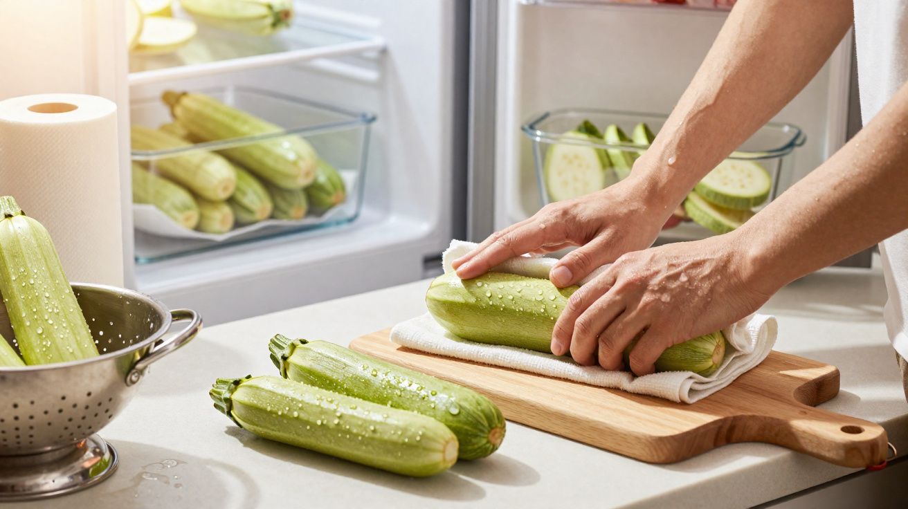 Mãos a secar curgetes numa tábua de madeira, com mais curgetes na bancada e dentro do frigorífico.