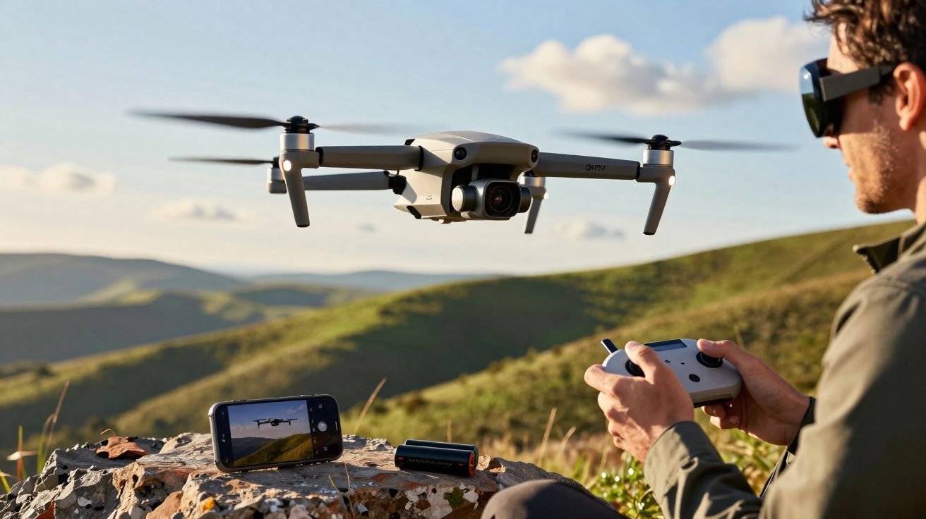 Homem com óculos de realidade virtual pilota um drone com controlador num cenário montanhoso ao pôr do sol.