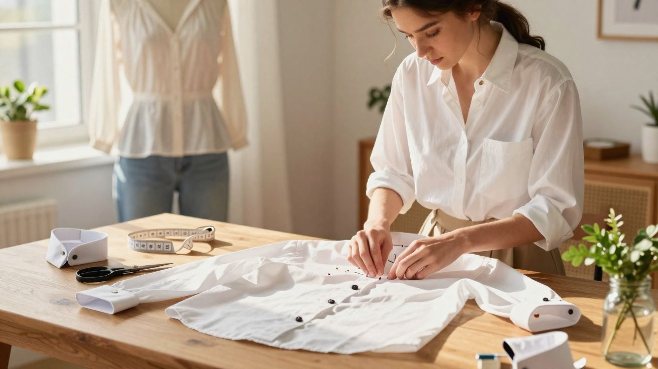 Mulher veste camisa branca e cose botões numa mesa com ferramentas de costura e manequim ao fundo.