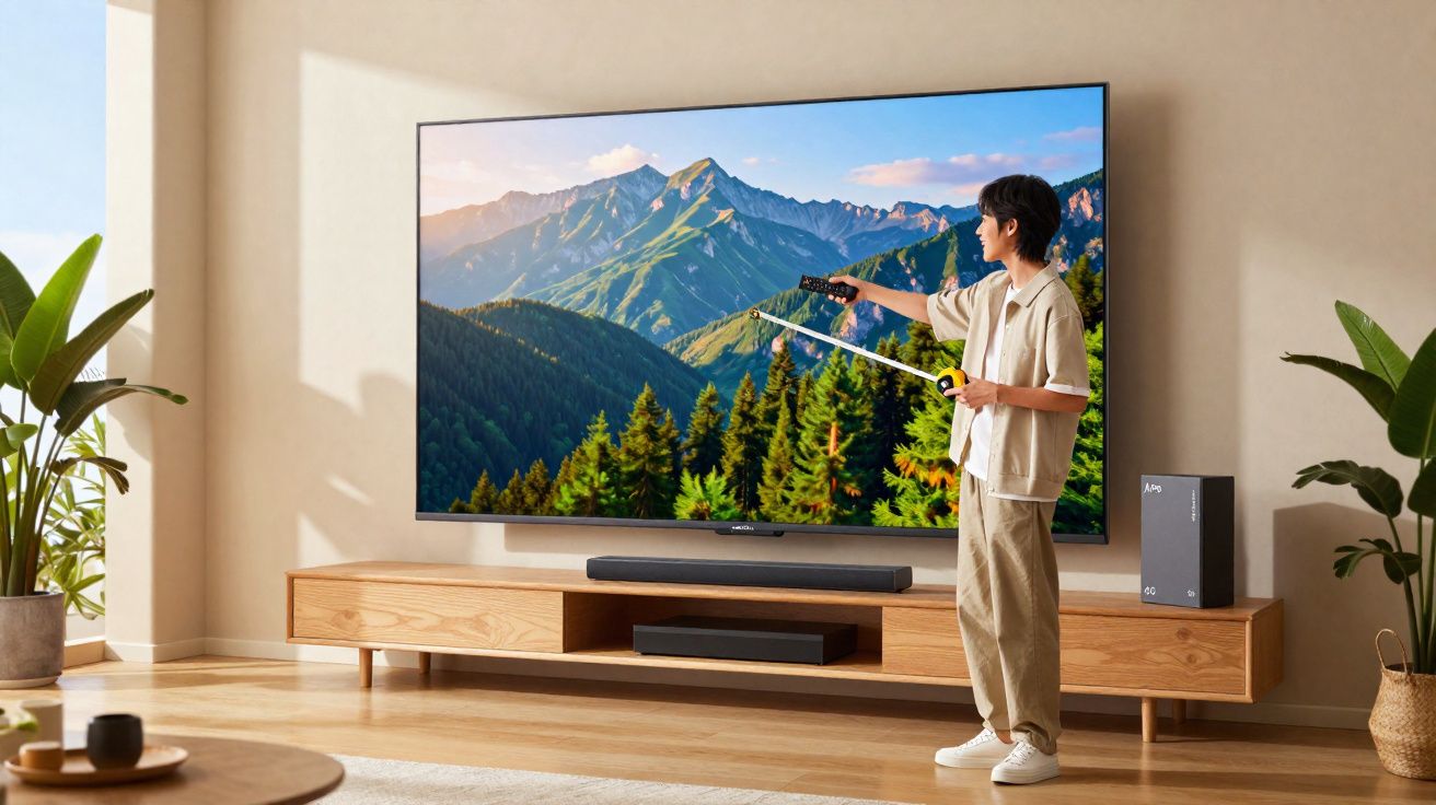 Pessoa a controlar uma televisão grande com imagem de montanhas e floresta numa sala moderna e iluminada.