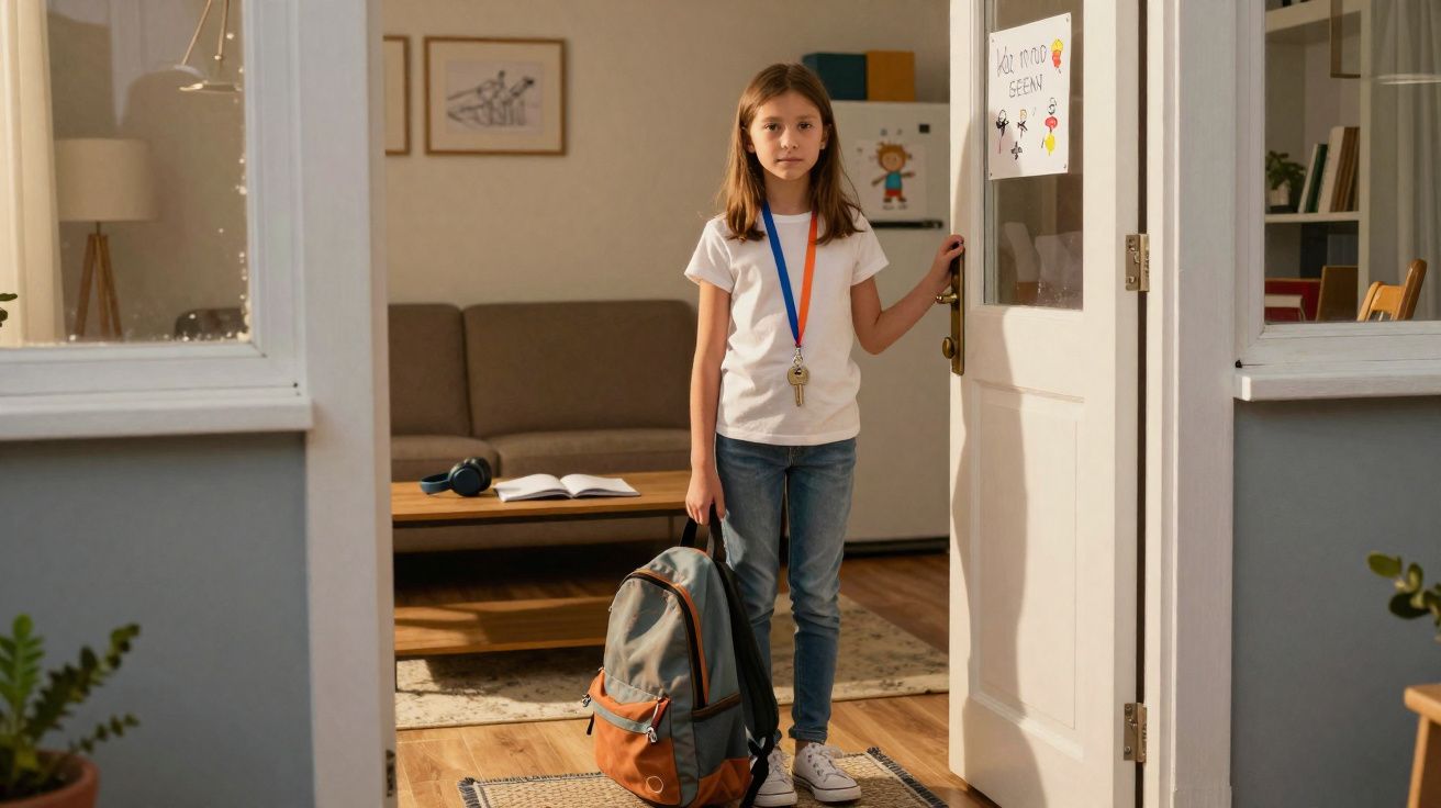 Menina com mochila e medalha na porta de casa, prestes a sair ou chegar, numa sala acolhedora.