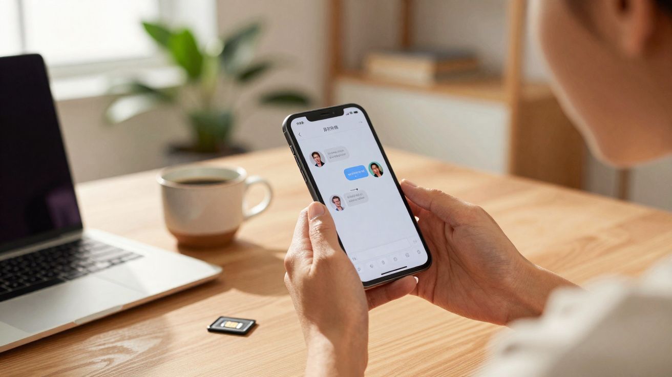 Pessoa a segurar um telemóvel com mensagens de chat abertas numa mesa com laptop, cartão SIM e chávena.