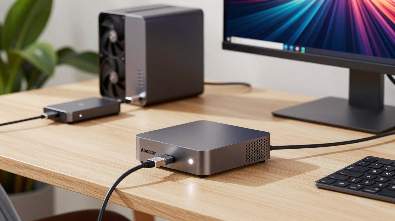 Mini PC cinzento fosco com cabos ligado a monitor, teclado e caixa de armazenamento numa secretária de madeira.