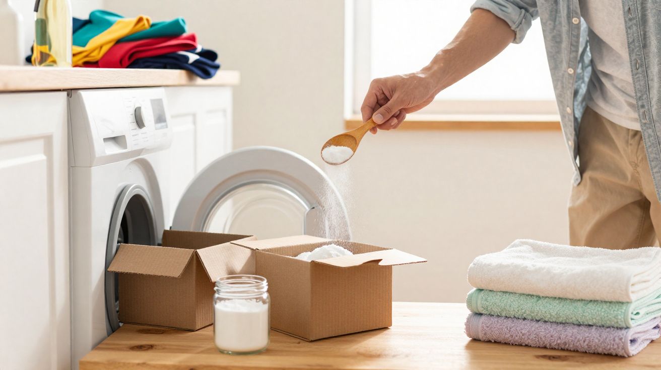 Pessoa a colocar detergente em pó na máquina de lavar roupa numa lavandaria com toalhas dobradas.