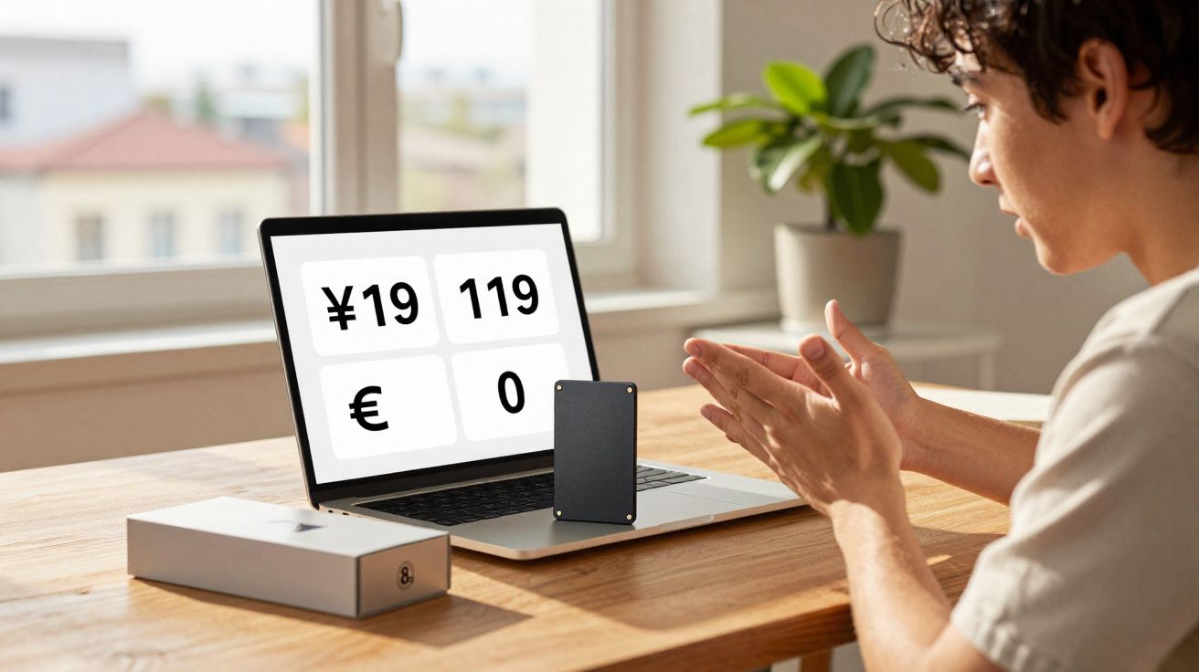 Pessoa sentada a olhar para um portátil com ecrã a mostrar símbolos de moeda e números.