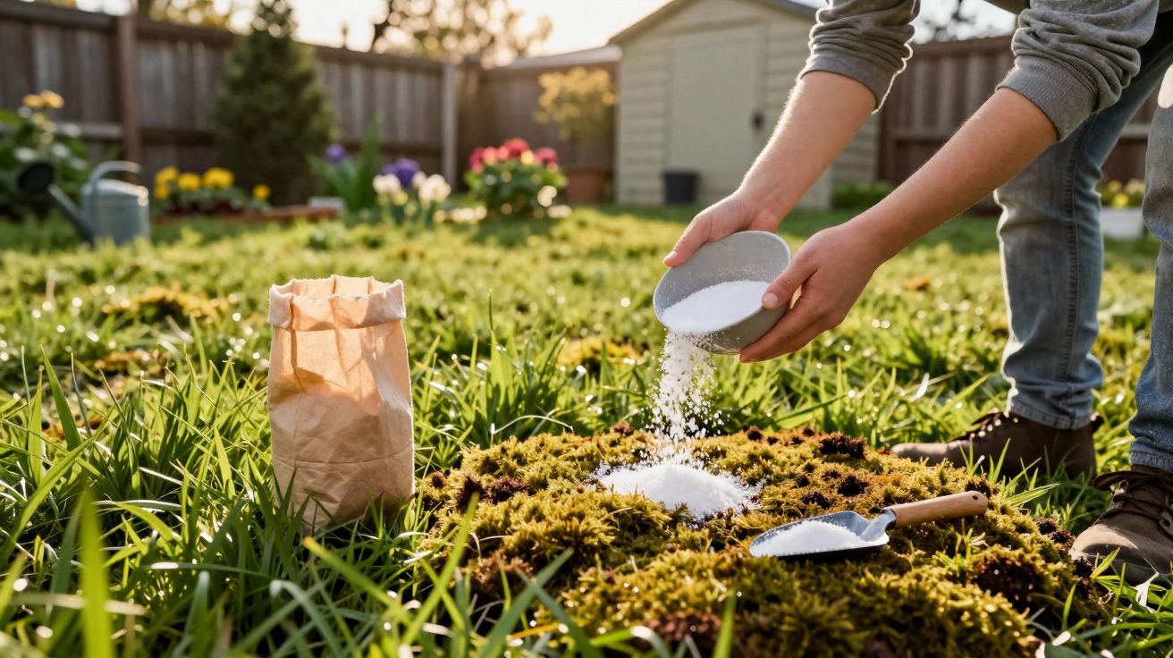 Pessoa a espalhar fertilizante branco em um canteiro coberto de musgo, num jardim ao ar livre.