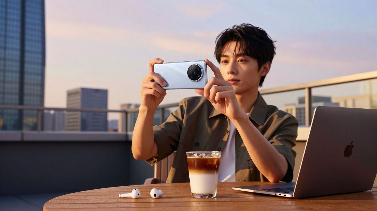 Homem sentado numa esplanada urbana a tirar foto com telemóvel, com portátil e café na mesa.