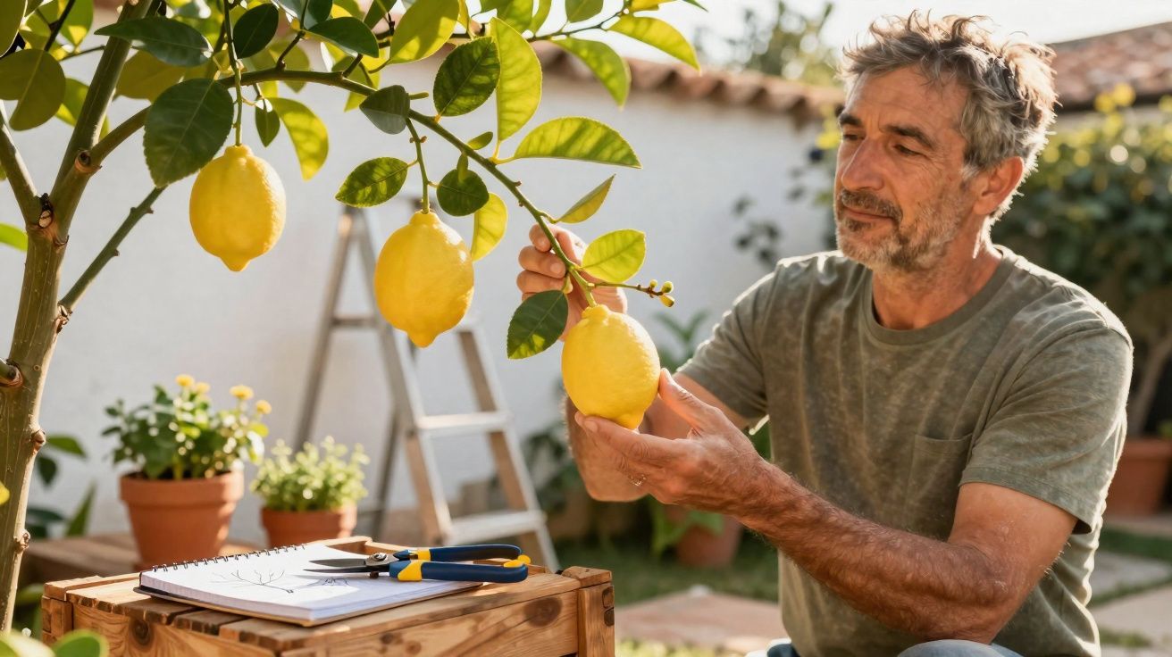 Homem a colher limões maduros numa árvore num jardim ensolarado com ferramentas numa caixa de madeira.