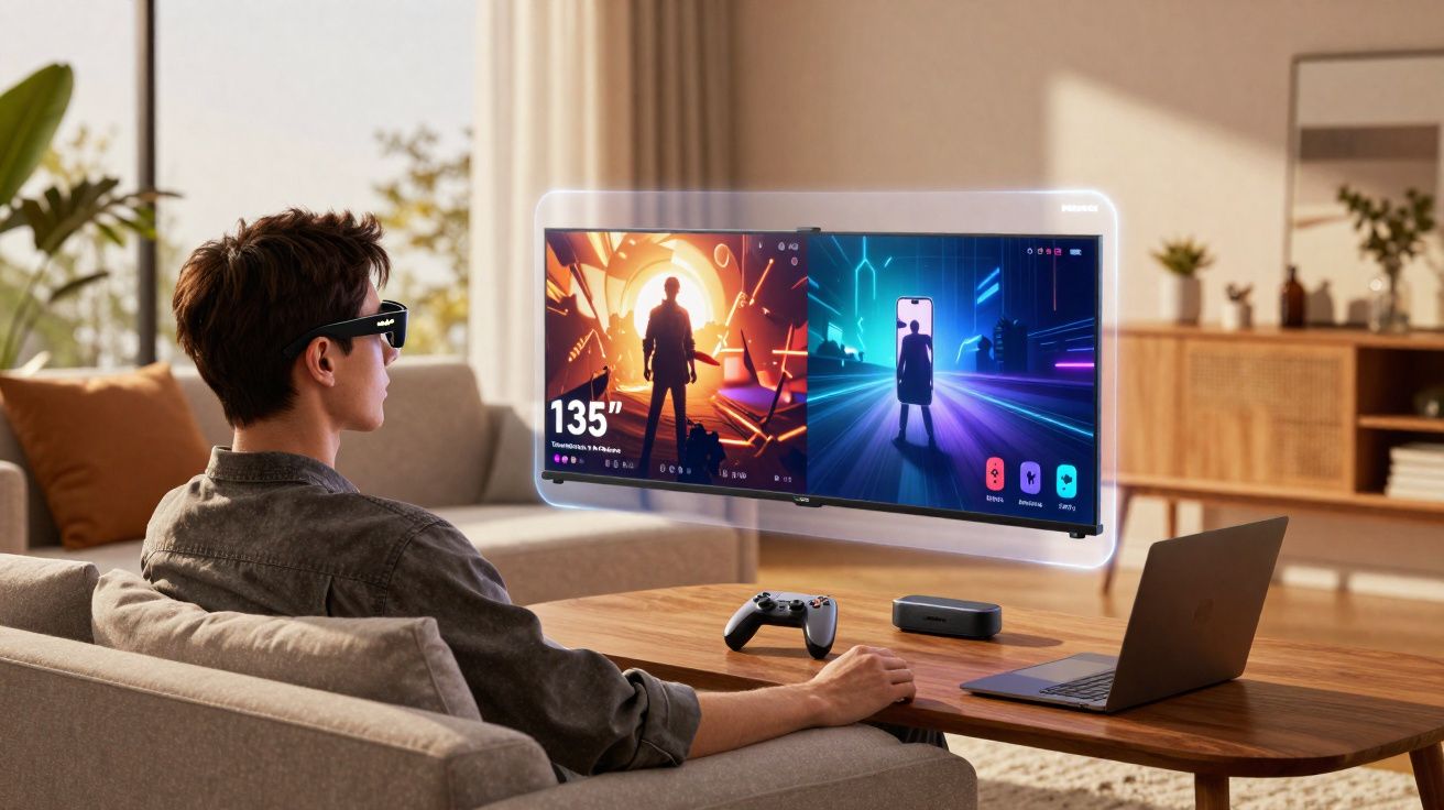 Homem sentado no sofá a usar óculos de realidade aumentada com ecrã virtual à frente a jogar videojogos.