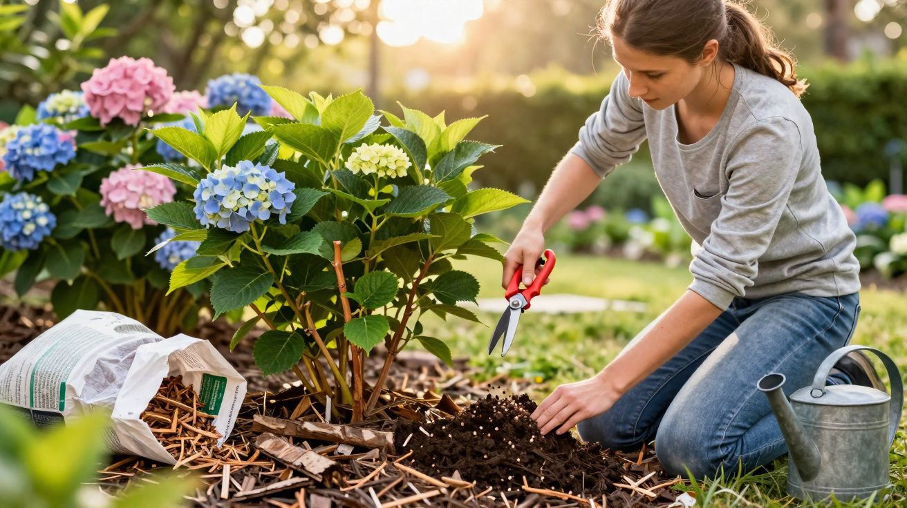 Jovem a cuidar de plantas com tesoura de poda num jardim florido ao pôr do sol.