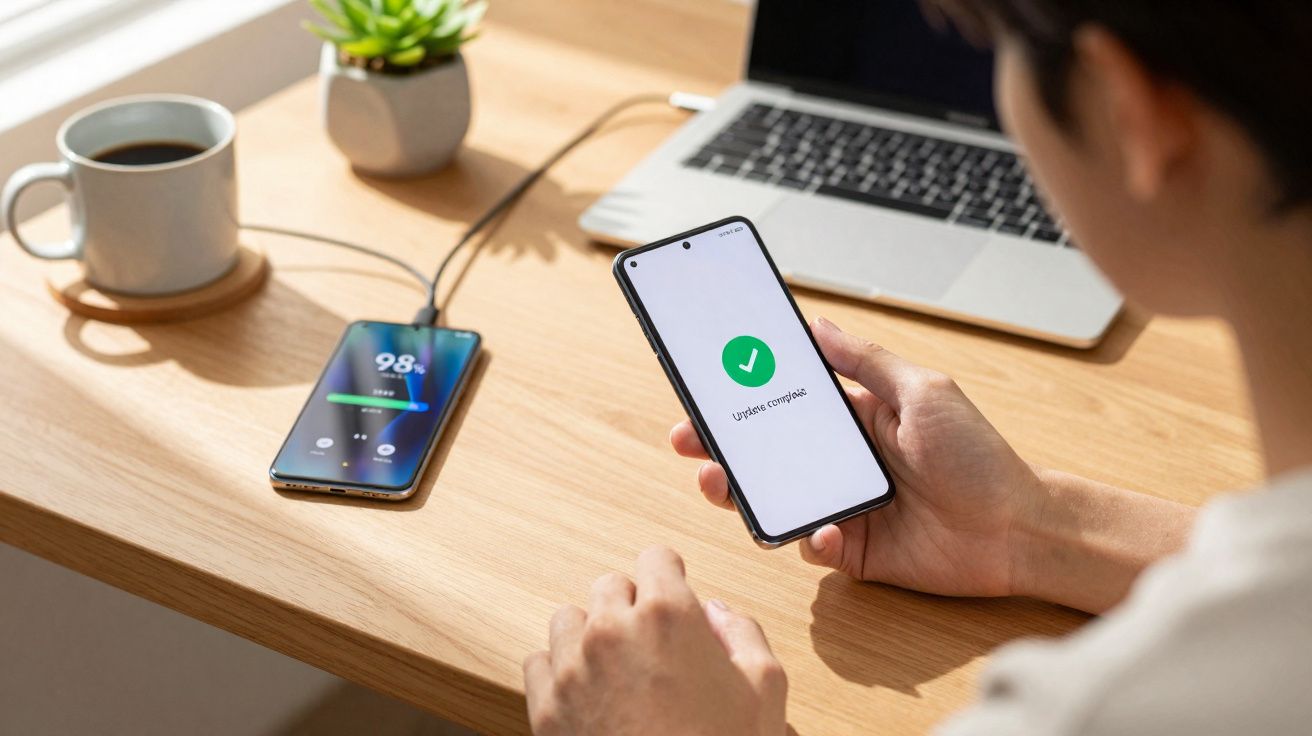 Pessoa a segurar smartphone com mensagem de atualização completa, carregador sem fios e computador portátil numa secretária.