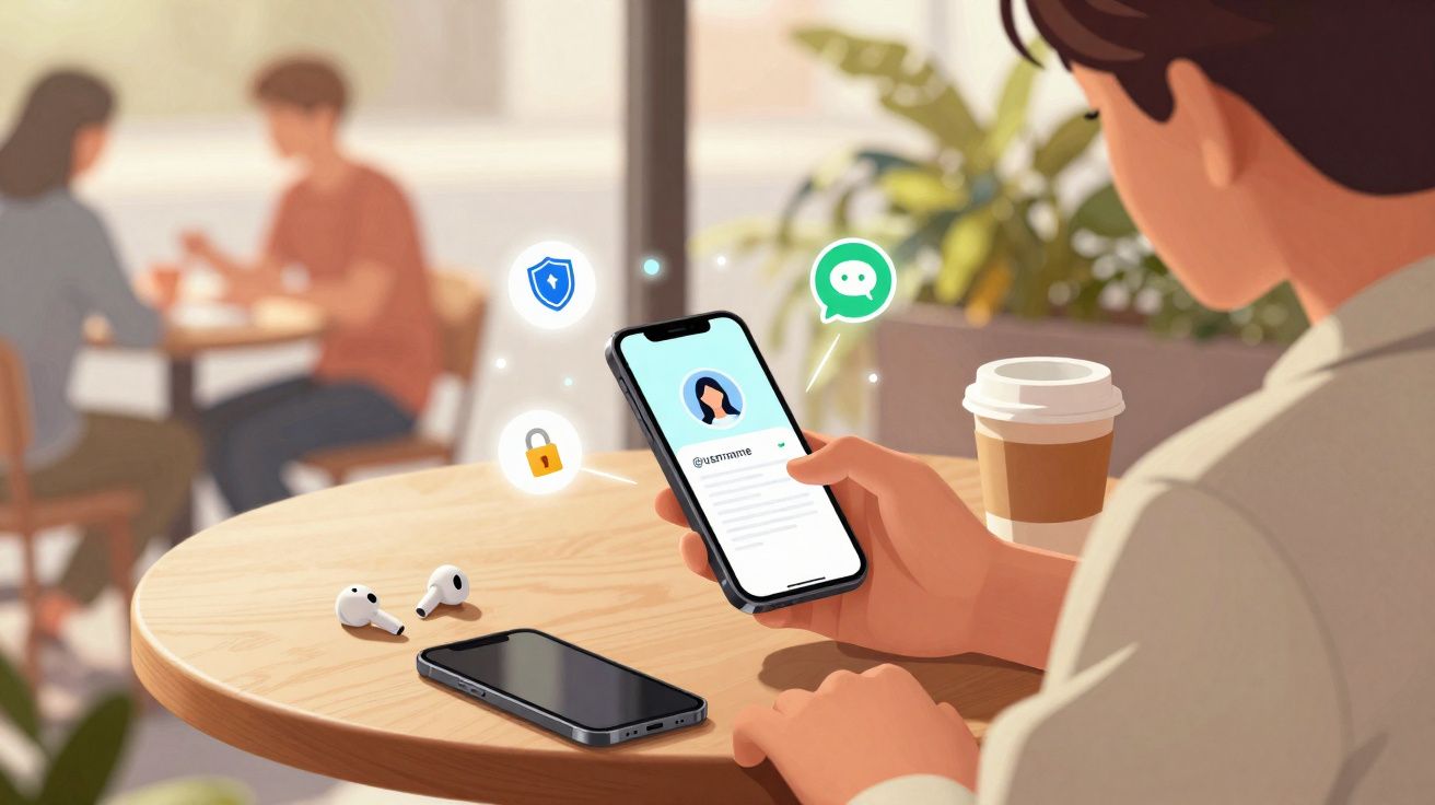 Pessoa a usar telemóvel numa mesa de café, com ícones de segurança, chat, e outros dispositivos próximos.