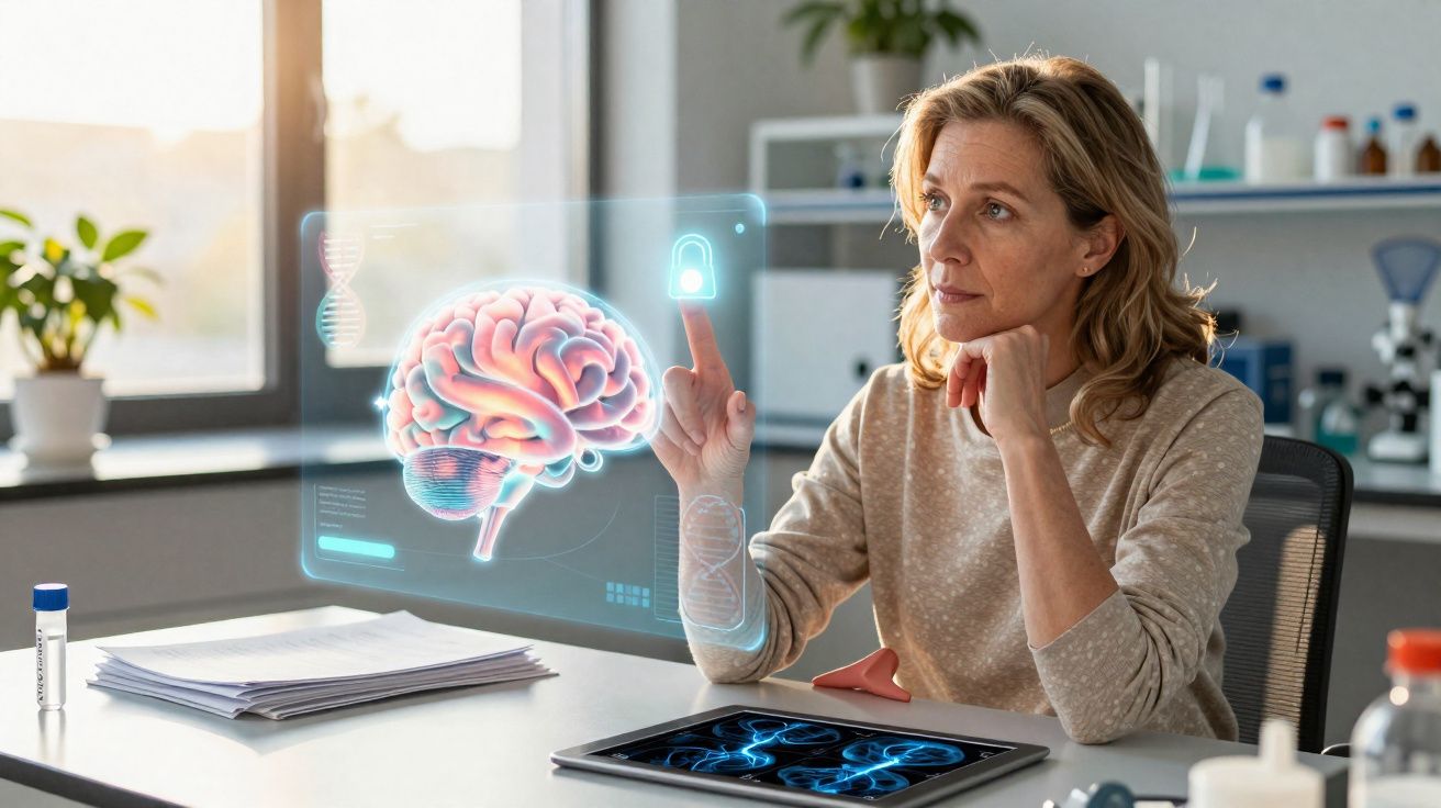 Mulher a usar tecnologia holográfica para analisar cérebro numa sala de laboratório científica.