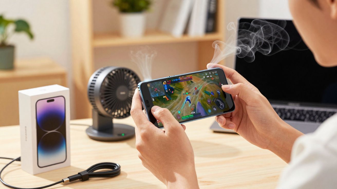 Pessoa a jogar videojogo num telemóvel que aparenta estar a sobreaquecer, com vapor a sair do dispositivo.