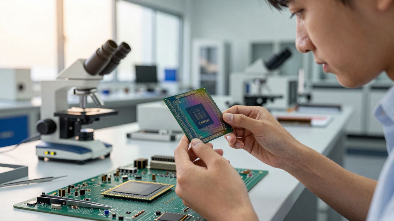 Pessoa a segurar um chip electrónico sobre uma placa de circuito num laboratório de tecnologia.