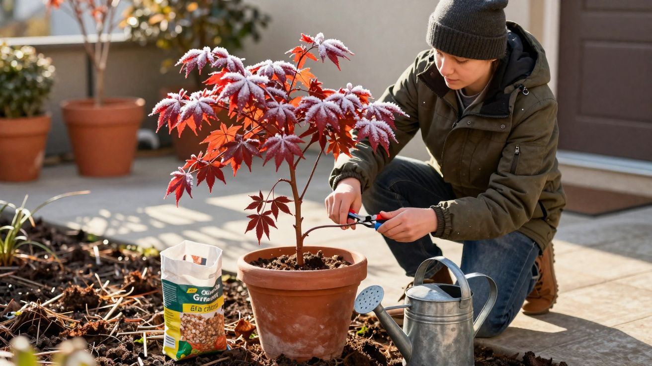 Jovem a podar planta vermelha em vaso num jardim ensolarado, com regador e terra ao lado.