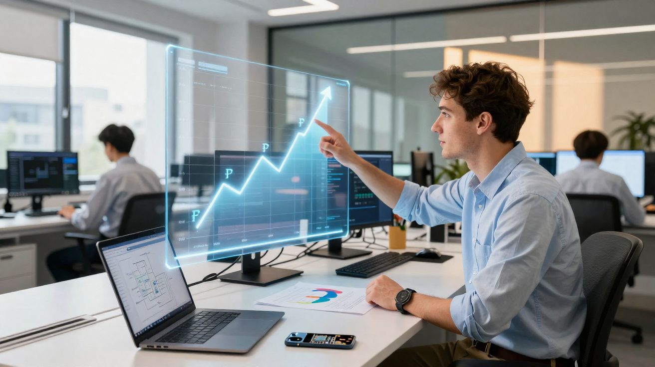 Homem a apontar gráfico de crescimento digital numa mesa de escritório moderno com computadores.