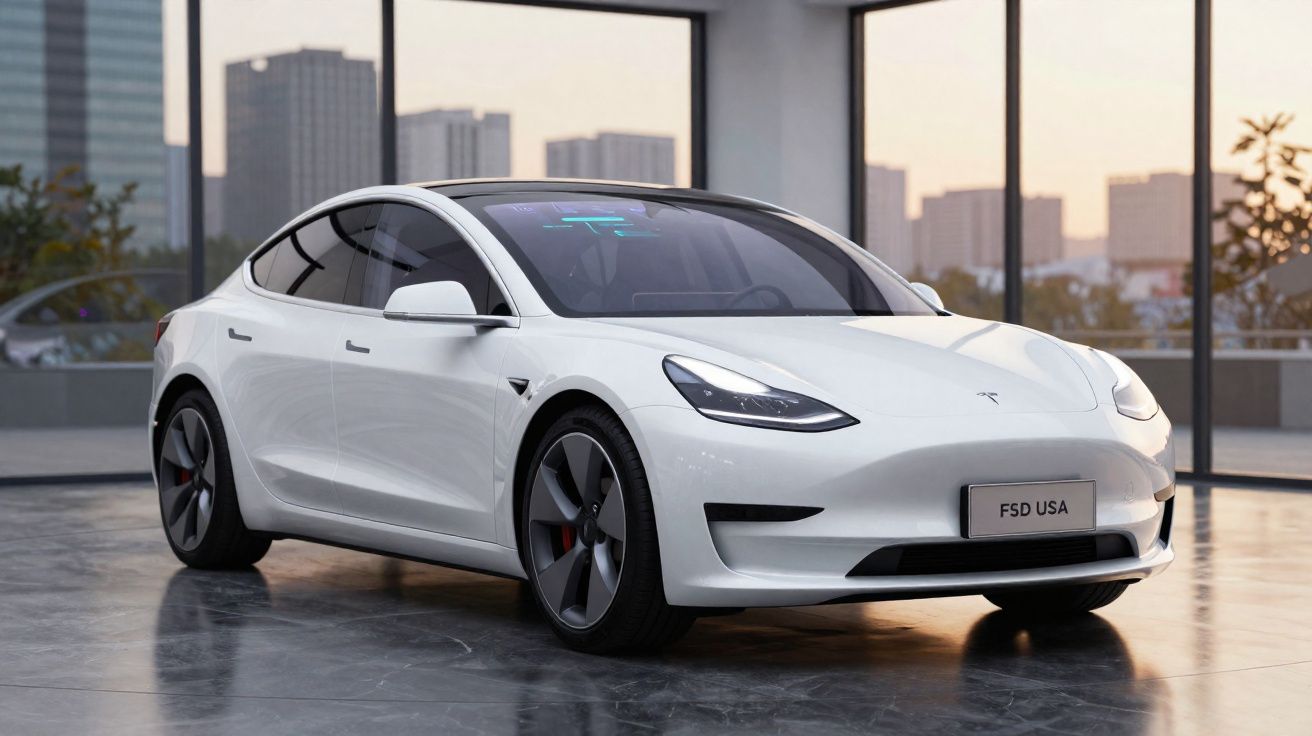 Carro elétrico branco Tesla Model 3 estacionado em piso de mármore, com cidade ao fundo ao pôr do sol.