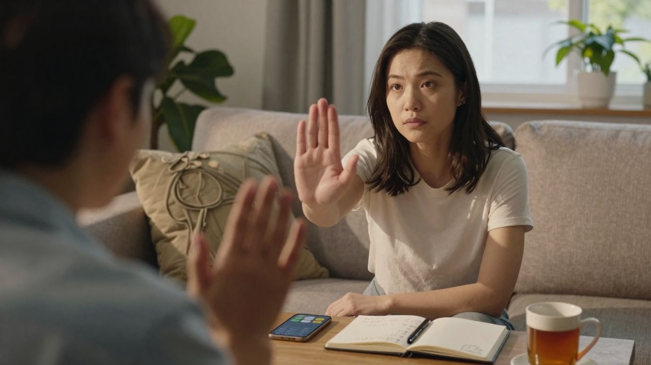 Mulher sentada no sofá com a mão levantada, sinal de recusa, em frente a outra pessoa numa sala iluminada.