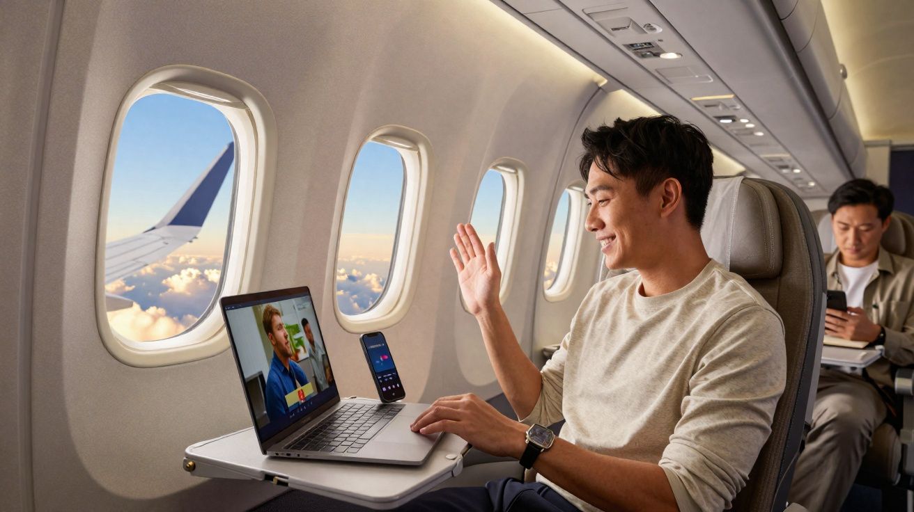 Homem sorridente faz videochamada num avião, com janela mostrando asa e céu com nuvens ao fundo.