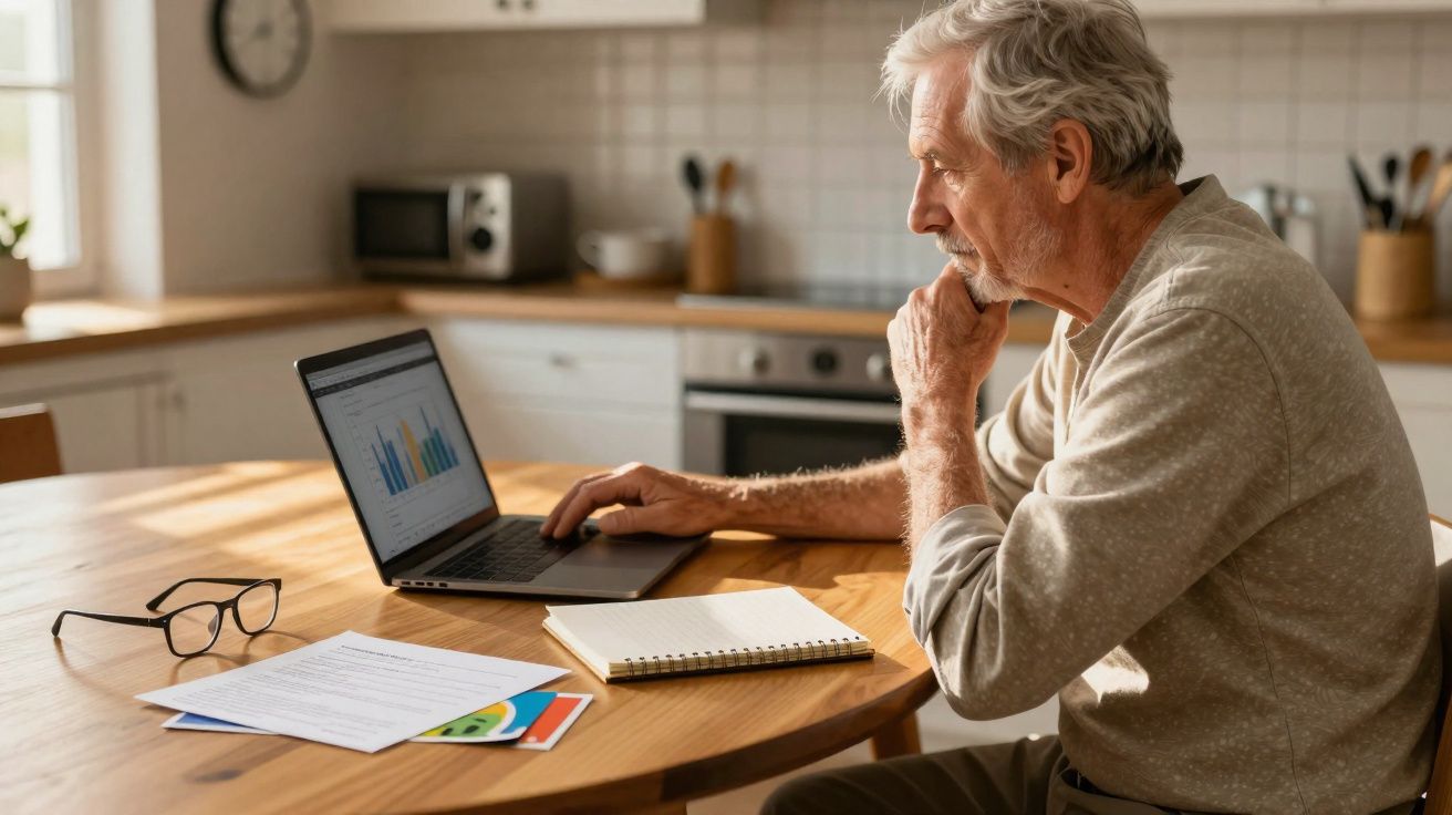 Idoso sentado à mesa da cozinha a analisar gráficos num computador portátil.