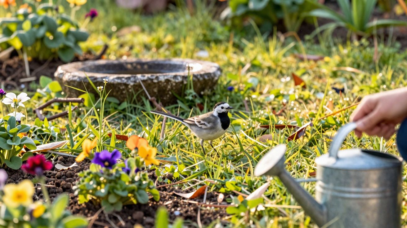 Pássaro pousado na relva junto a flores coloridas e uma mão a regar com um regador metálico.