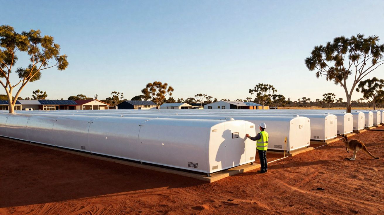 Várias unidades habitacionais modulares brancas alinhadas em solo avermelhado com homem e canguru ao lado.